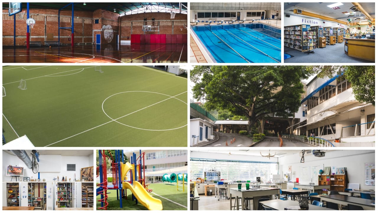 Instalaciones: gimnasio, piscina, biblioteca, campo de fútbol, plaza, taller de arte, patio de juego y laboratorio